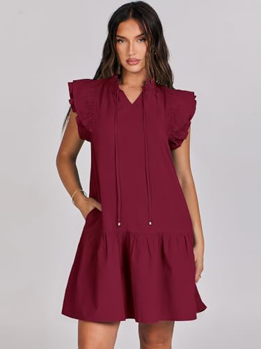 ANRABESS Womens Summer V-Neck Drawstring Ruffle Cap Short Sleeve Casual Shift Mini Dress with Pockets2