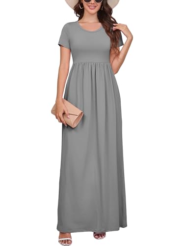 DEARCASE Maxi Dress for Women Grey XX-Large Crewneck Short Sleeves Wedding Guest A-line Casual Loose Party Vintage Spring Summer Beach Long Dresses with Pockets