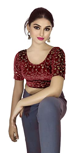Image of PU Fashion Stylish Golden Embroidery Work Readymade Stretchable Velvet Blouse - Soft Breathable Fabric, Saree Blouse for Women