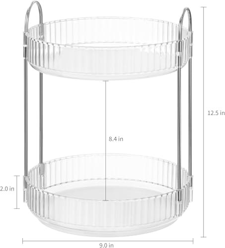 Image of Golden bird 360 Rotating Makeup Organizer Stand Cosmetic Storage with Hooks, Dressing Table Organiser, Organizer Storage Box for Make-up Accessories (Clear White, 2 Tier)