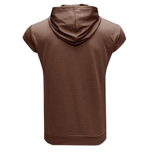 Men's Workout Hooded Tank Tops Sleeveless Gym Hoodies Bodybuilding Muscle Cut Off T-Shirts Brown3