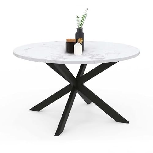 IDMarket – Mesa baja redonda Alaska 70 cm bandeja efecto mármol blanco y pie araña metal negro