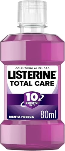 LISTERINE Collutorio Total Care, Collutorio da viaggio per una protezione completa al gusto di Menta Pura, Arricchito con Fluoro per denti forti e gengive sane in sole due settimane, 80 ml