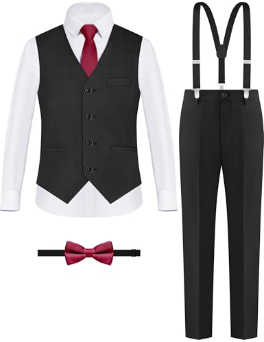 Image of Boys Husky Suit Vest 4 Pieces Kids Black Formal Vest and Pants Set for Wedding Ring Bearer, Easter, First Communion, Confirmation, Graduation (Size 12 Husky)