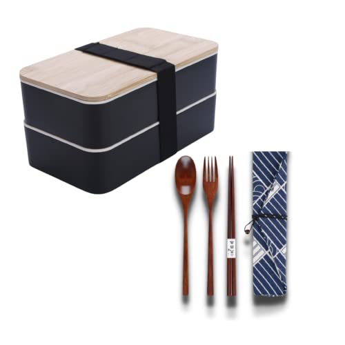 BENTO BOX Lunch box bento & set de couverts en bois japonais micro-ondable & lave vaisselle conserve fraîcheur pique nique lunch box pour enfant et adulte zéro déchet écologie Blanc et Noir BB1