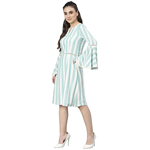 Image of DEEBACO Women's A Line /Fit & Flare Knee Length Dresses for Women Bell Sleeve Printed Striped Dress Midi for Girls Western Lace Dresses (Pink, Blue, Green, Yellow)