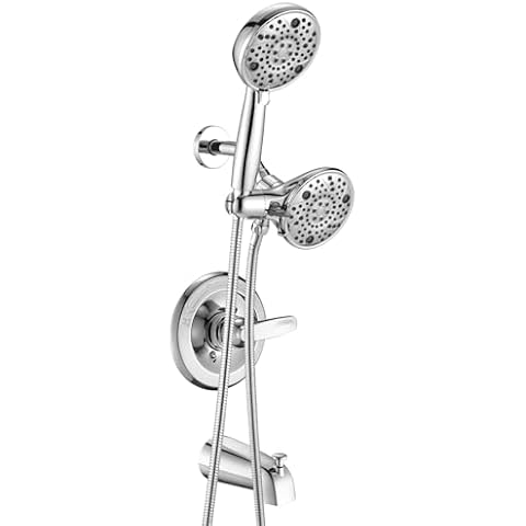 Replacement 5" Dual Shower Combo Faucet Tub Trim Kit for Delta 1300/1400 & 13/14 Series, High Pressure Round Rain Shower Head& Handheld Set, Shower Faucet System, Chrome (Valve& Catridge Not Inclued) Cover