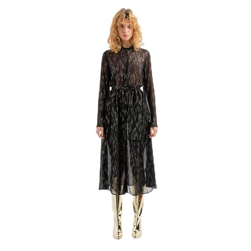 Armani Exchange Vestido midi fluido con cinturón para mujer, Allo negro y dorado, 4
