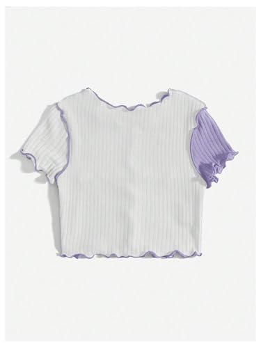 Image of Milumia Girl's Rib Knit Color Block Crop Tee Short Sleeve Lettuce Trim Crewneck Tshirt