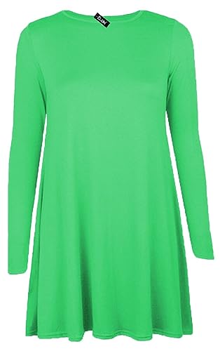 Image of Shop Nova® Women Long Sleeves Round Neck Stretch Swing Skater Flared Dress Ladies Midi Length Top Plain & Printed Casual Summer Wear Dresses UK 8-26 (Jade Green, 16)