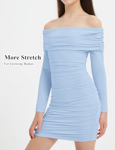 EXARUS Girls Dress Off The Shoulder Bodycon Long Sleeve Teen Ruched Homecoming Dance Party Prom Tween Dresses2