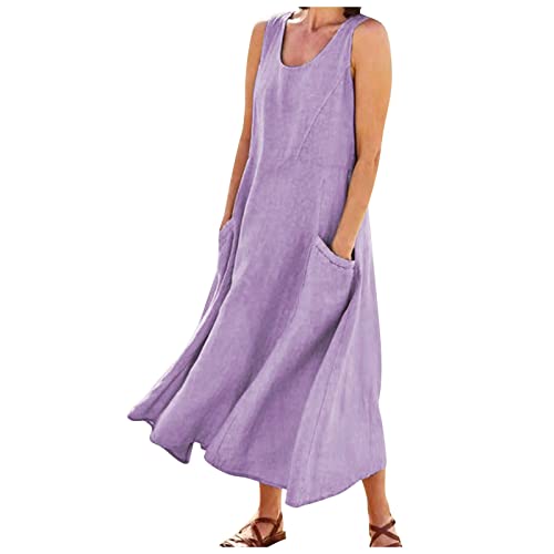 Plus Size Cotton Linen Summer Dresses for Curvy Women 2025 Sleeveless Maxi Vacation Beach Sundresses with Pockets