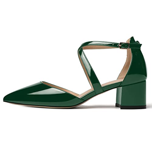 MODENCOCO Women's Patent Buckle Pointed Toe Block Cross Strap Solid Chunky Low Heel Pumps Shoes 2 Inch2