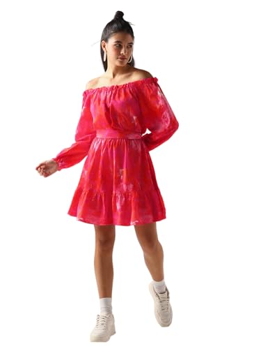 Image of Bewakoof Women's Fit and Flare Above The Knee All Over Printed Regular Fit 3 /4 Sleeve Shoulder Pure Satin Dress