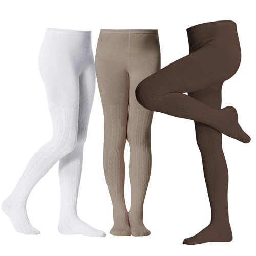 Image of Zando 3Pack Girls Tights Kids Cable Knit Cotton Winter Warm Leggings 4-12T | Footed Seamless Stockings for Girls, School Uniform and Daily Skirt Wear. Thick Warm Fabric with High Stretch