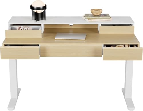 Image of HUANUO Standing Desk with Drawers, 48 Inches Electric Height Adjustable Desk with Storage, Whole-Piece Board Sit Stand Up Desk with Monitor Shelf, Light Walnut