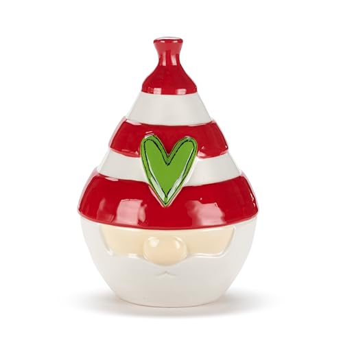 DEMDACO Heartful Home Holiday Heartful Gnome Red, White Striped Bowl 5 x 2.5 Inch Stoneware Festive and Functional, Kitchen Counter or Christmas Tabletop Décor, Covered Candy Bowl Dish