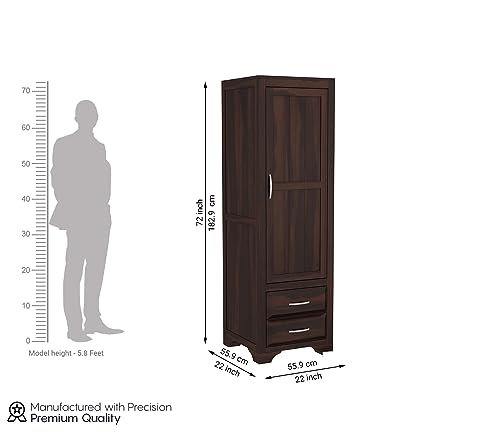 Image of Sheesham Wood Wooden Single Door Wardrobe Organizer for Clothes | - Solid Wood Almirah with 2 Drawers, 2 Shelves with Hanging Space - Cupboard for Large Bedroom (Design 9)
