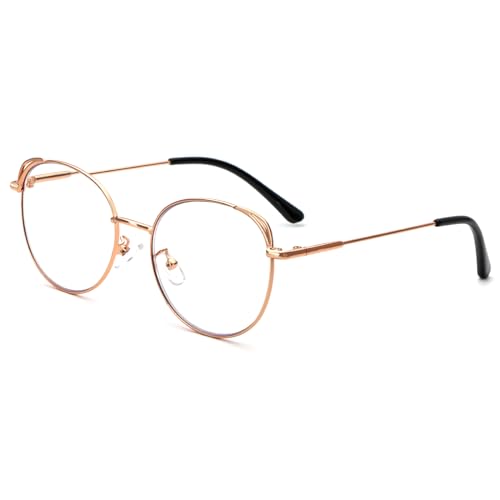 MMOWW Blaulichtfilter Lesebrille Damen Herren, Runde Metall Frame Retro Blockieren Blaulicht Computerbrille Mode Brille (Rose Gold, +1.5)