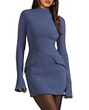 OFEEFAN Fall Fitted Mini Dress for Women Homecoming Turtleneck Dresses Blue S