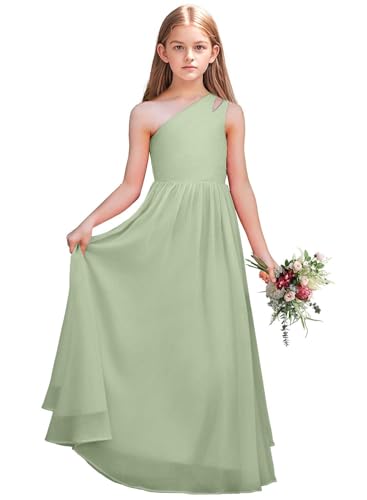 Junior Bridesmaid Dresses for Wedding One Shoulder Flower Girl Dresses Floor Length Party Dress JBD129 Sage Green US12