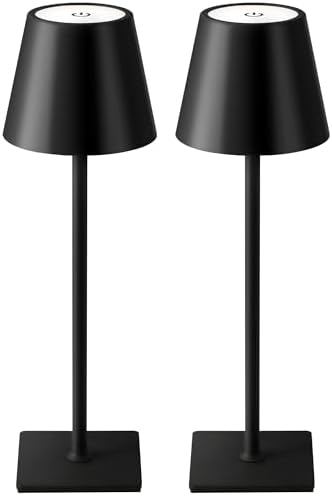 KDG 2 Pack Cordless Table Lamp, Portable LED Desk Lamps, 5000mAh Battery Operated, 3 Color Stepless Dimming Up, for Restaurant, Bedroom, Outdoor Camping, Coffee Shop, Night Light, Rechargeable (Black)