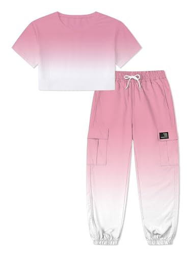 Image of Betusline Girls' Gradient Short Sleeve Crop Tops & Cargo Pants Set, Regular Fit，Perfect for Young Girl，Pink Gradient，13-14 Years = Tag 170