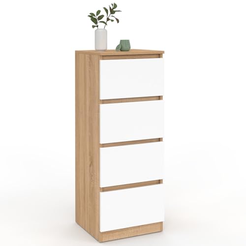 IDMarket - Meuble d'appoint 4 tiroirs TOMI 30 cm chiffonnier Bois façon hêtre et Blanc pour entrée Salle de Bain