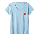 chemisier blanc col brode blanc coeur rouge, col rond, Femme en coton brodé d’un coeur rouge T-Shirt avec Col en V