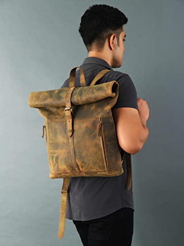 Gratlin Buffalo Leather Roll On Laptop Backpack 16 Inch | Vintage Genuine Leather Rucksack Backpack for Men & Women | Best Full Grain Brown Leather Backpacks Book Bag Knapsack for Travel Hiking Use2