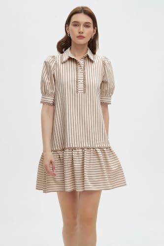 Image of EZAPINE Women Striped Shirt Dress Summer Button Down Collared Short Puff Sleeve Ruffle Hem Casual Flowy Mini Dress