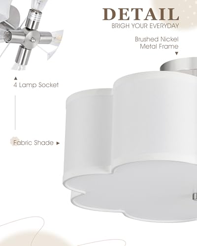 Image of Semi Flush Mount Ceiling Lights, 4-Light 18 inch Ceiling Light Fixtures with Fabric Shade in Flower Shape, Brushed Nickel Farmhouse Drum Lighting for Nursery Bedroom Kitchen, AD-22009-4SF-SN