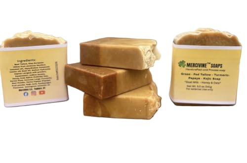 Mercivine Turmeric Papaya Kojic Tallow Soap (3 Bundle) - Handmade Cold Process Soap with Goat Milk, Honey & Oats - Gentle Cleansing Bar, 4.5 oz Each image 5