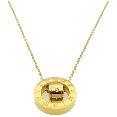 AIKESIWAI Roman Numeral Series Fashion Double Ring Inlaid Necklace Women Fashion Necklace Roman Numeral Necklace Gold Silver Rose Gold Tri-color Roman Numeral Necklace (GOLD) Cover