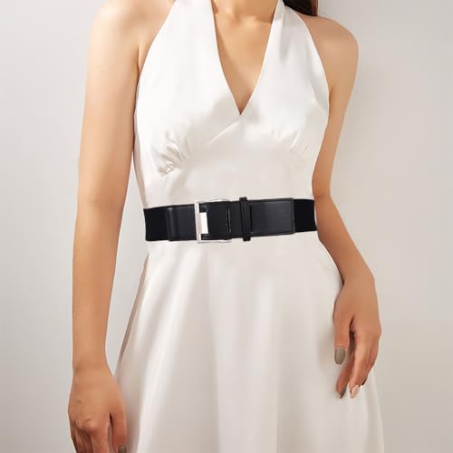 Women Elastic Wide Belt for Dress Square Buckle Waist Belts Ladies Stretchy Leather Waistband2