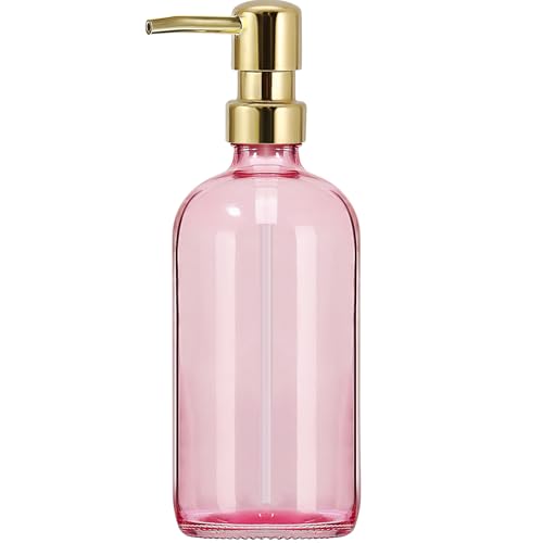 GMISUN Pink Soap Dispenser Bathroom 1 Pack Glass Dish Soap Dispensers for Kitchen with Rustproof Plastic Gold Pump 17 Fl Oz Bathroom Hand Soap Dispenser Modern Liquid Dishwashing Dispensers Bottle