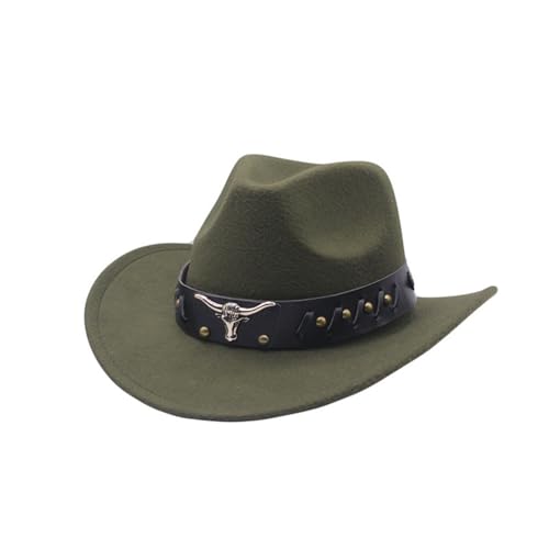 Sofisticado chapéu ocidental denim curved top chapéu de lã com aba grande chapéu de jazz britânico estilo outono e inverno cowboy clássico botas, verde, Tamanho único