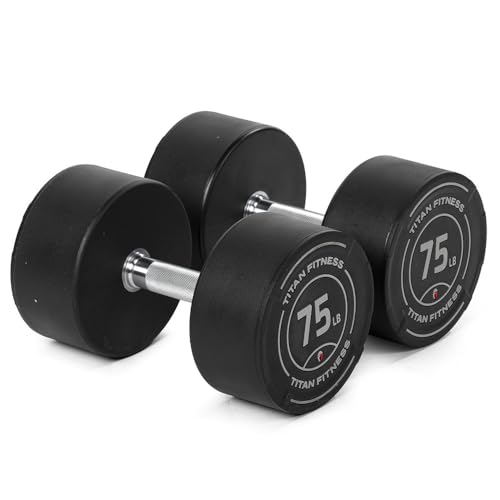 Titan Fitness 75 LB Set Round Urethane Dumbbells, Medium Volcano Knurling, 33mm Grip, Easy-to-Read...