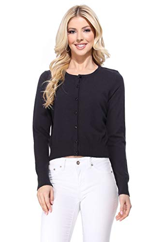 Image of Women's Cropped Cardigan Sweater - Long Sleeve Crewneck Basic Classic Casual Button Down Knit Soft Lightweight Top