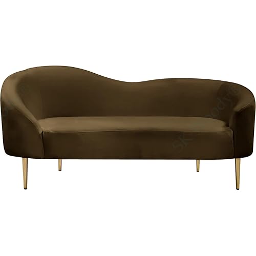 Image of Rosewood Luxury Curved Sofa in Premium Velvet-Fabric | Solid Wood Structure | High Density Foam | Sturdy Golden Legs | Comfortable & Stylish Couch for Modern Living Room (Brown, 2 Seater)