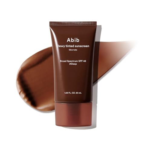 Image of Abib Dewy Tinted Sunscreen SPF 45 (Deep), UV Broad Spectrum, Daily Face Moisturizer, Skincare Infused Glow Tube, Mineral&Chemical Hybrid Filter, Lightweight Natural Coverage Korean Skincare 1.69 fl oz