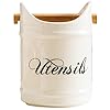 Kitchen Utensil Holder for Countertop,Off-White Ceramic Utensil Organizer, Vintage Farmhouse Kitchen Decor - Stable Utensil Crock With Pads to Protect , Cooking Utensil Holder Caddy with Handle