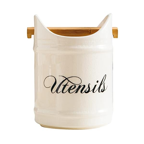 Kitchen Utensil Holder for Countertop,Off-White Ceramic Utensil Organizer, Vintage Farmhouse Kitchen Decor - Stable Utensil Crock With Pads to Protect , Cooking Utensil Holder Caddy with Handle Kitchen Utensil Holder for Countertop,Off-White Ceramic Utensil Organizer, Vintage Farmhouse Kitchen Decor - Stable Utensil Crock With Pads to Protect , Cooking Utensil Holder Caddy with Handle