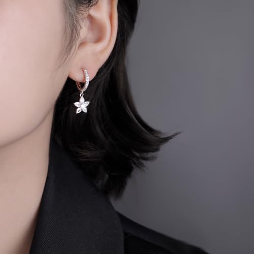 Reffeer Solid 925 Sterling Silver CZ Flower Earrings Dangle for Women Teen Girls Flower Drop Hoop Earrings Huggie2