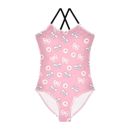 Pink Bow Footprint Pattern Girls Swimsuit One Piece Bathing Suit Beach Swimwear with Adjustable Straps 3-10Years