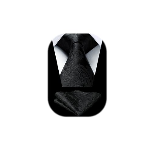 HISDERN Cravate pour Homme Noir à Motif Cachemire Mariage Élégant Cravates Extra Longues Hommes et Pochette de Costume, XL