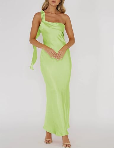 Image of 2026 Satin One Shoulder Maxi Dress for Women Summer Silk Formal Elegant Backless Ruffle Sleeveless Wedding Guest Dresses