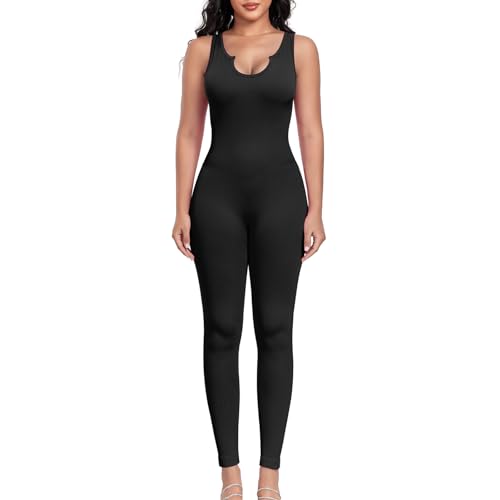 Aerides Jumpsuit Damen Gerippte Lang Ärmellos Yoga Bodysuit Einteiler Stretch Bodycon Playsuits Eng Overall Trainingsanzug Sexy Workout Sport Strampler(Schwarz, M)