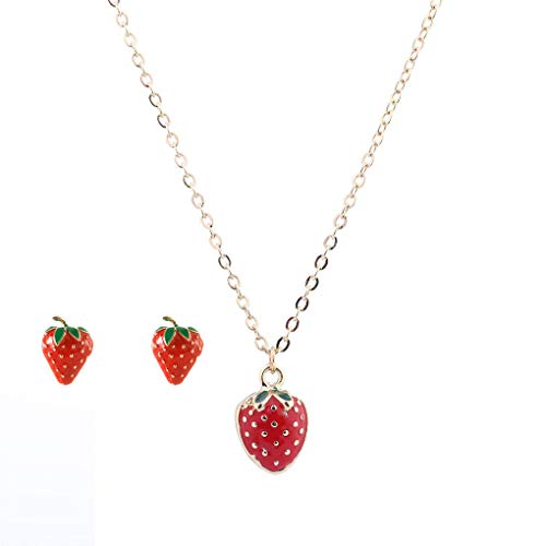 Red Dripping Oil Cute Strawberry Earrings Necklace Set for Girls Sweet Small Fresh Fruit Strawberry Pendant Necklace Stud Earrings for Women (Red)