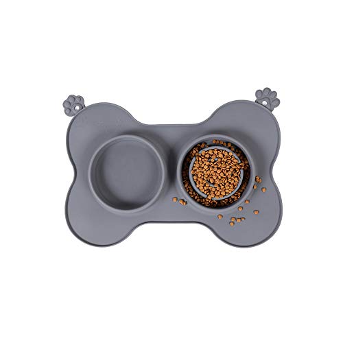 PENGLAI Cuencos para perros, suministros para mascotas antideslizantes de silicona para agua y alimentos, juego de cuencos dobles para cachorros, perros, gatos y otras mascotas, 36,8 x 26,7 cm, gris-S Cover
